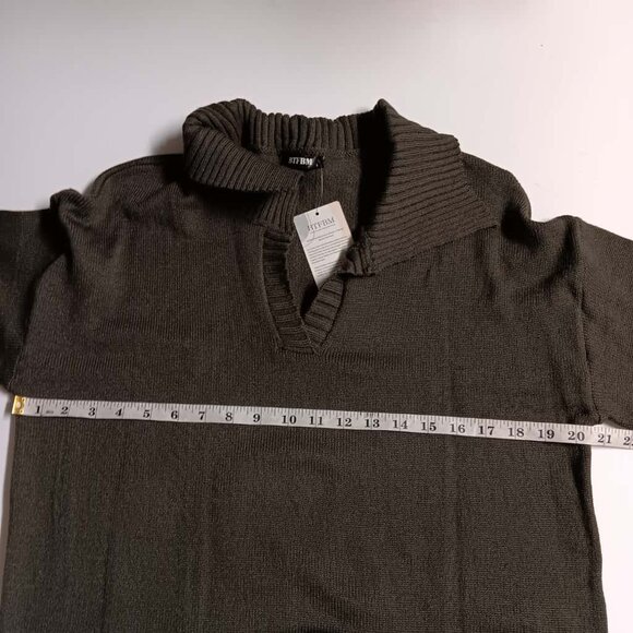 BTFBM V-Neck Collared Stretchy Knit Mini Sweater Dress Balloon Sleeve - Picture 3 of 5